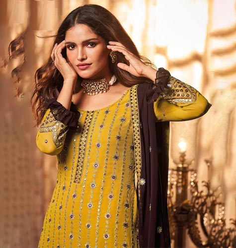 Yellow & Brown Embroidered Semi-Stitched Dress Material
